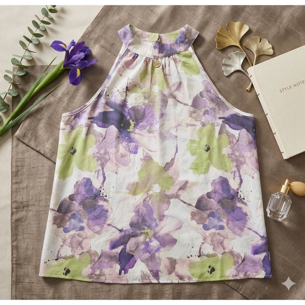 Womens XXL Floral Halter Button Back Keyhole Sleeveless Blouse Watercolor Print